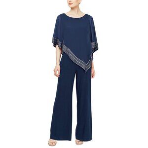 129$ SL Fashions Asymmetrical Cape Wide Leg Jumpsuit Size 14 Navy Blue Silver